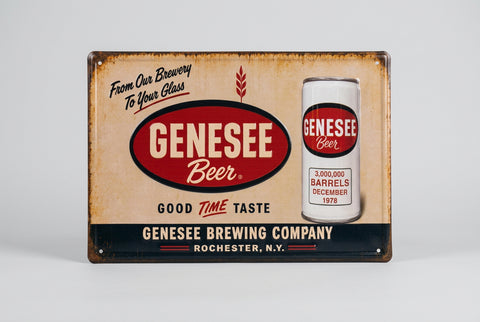 Genesee Beer 3,000,000 Barrels 18”X12” Tin Tacker.