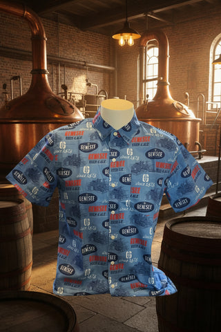 Genesee Beer and Ale Blue Short Sleeve Button Down Shirt.