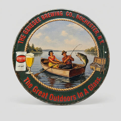 Genesee Brewing Vintage “Great Outdoors In A Glass” 12” Round Tin Tacker.