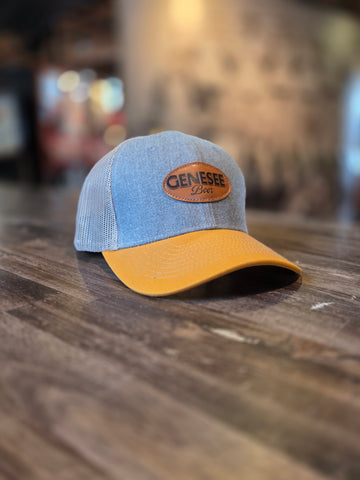 Genesee Leather Patch Trucker Hat Gold and Gray
