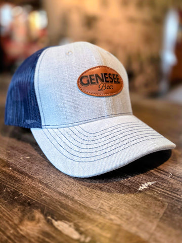 Genesee Leather Patch Trucker Hat Navy and Gray
