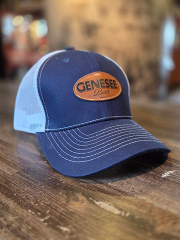 Genesee Leather Patch Trucker Hat Navy and White